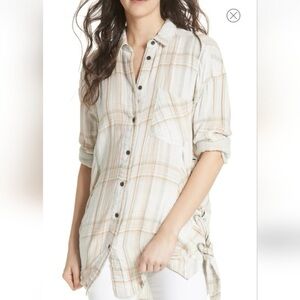 Free People Cream & Tan Plaid Button-Down Tunic Shirt/Size M